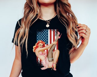 Camisa Pin Up Girl, Camiseta Sexy Pinup Girl, Camiseta del 4 de julio, Rojo Blanco y Azul, Camiseta Vintage Pin Up, Chica Pin Up Patriótica, Camiseta con Bandera Americana