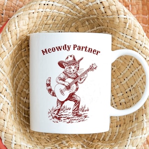 Taza de café con gato vaquero, taza con cita divertida de Meowdy Partner, regalo para amantes de los gatos, taza para gatos con música country occidental, idea de regalo para amigos, regalo novedoso