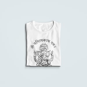 May include: White t-shirt with a black and white illustration of the Hindu deity Ganesha. The text "ॐ विनायकाय नमः!" is printed above the image.