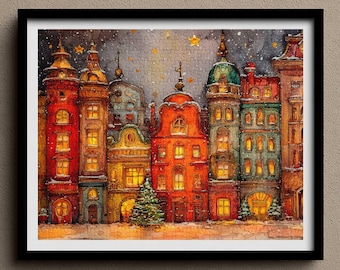 Weihnachtspuzzle Schneedorf, 110/500/1000/2000 Teile Wunderliche skandinavische Weihnachtspuzzle Weihnachtswandkunst