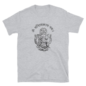 May include: A heather grey t-shirt with a black and white image of the Hindu deity Ganesha. The text "Om Ganapataye Namaha" is printed in black above the image.