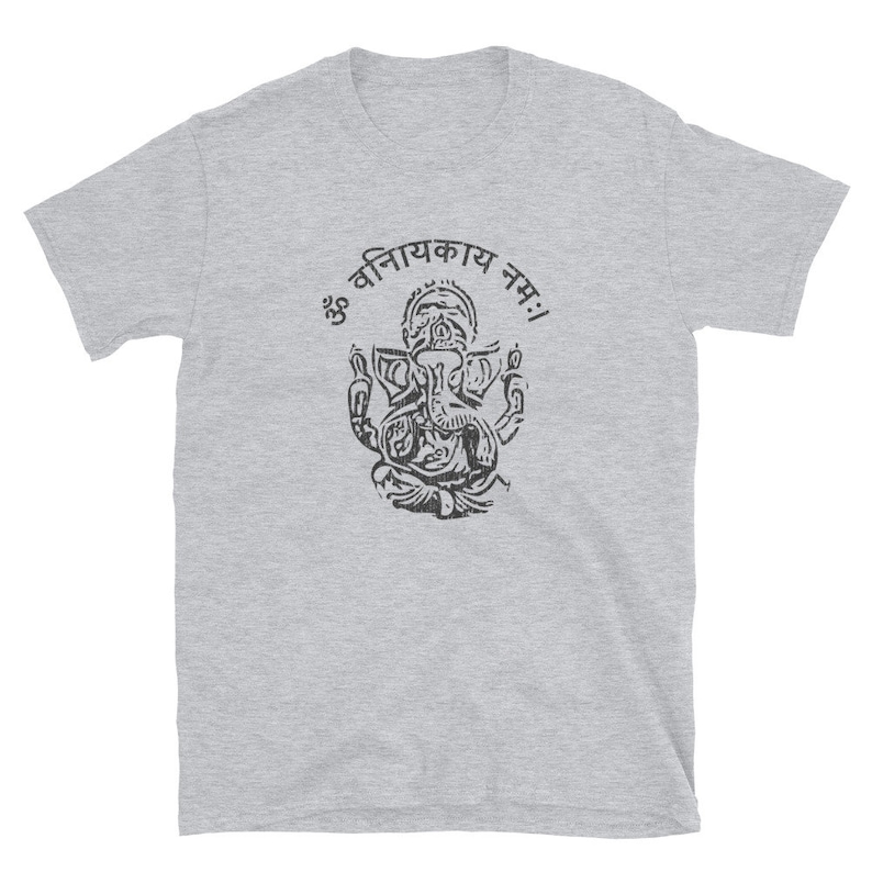 May include: A heather grey t-shirt with a black and white image of the Hindu deity Ganesha. The text "Om Ganapataye Namaha" is printed in black above the image.