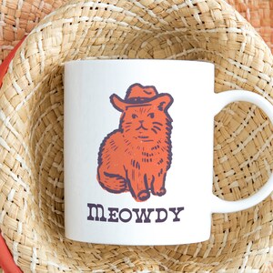 Taza de café con gato vaquero, divertida taza con frase &quot;Meowdy Partner&quot;, regalo para amantes de los gatos, taza de gato con música country western, idea de regalo para amigos, regalo novedoso