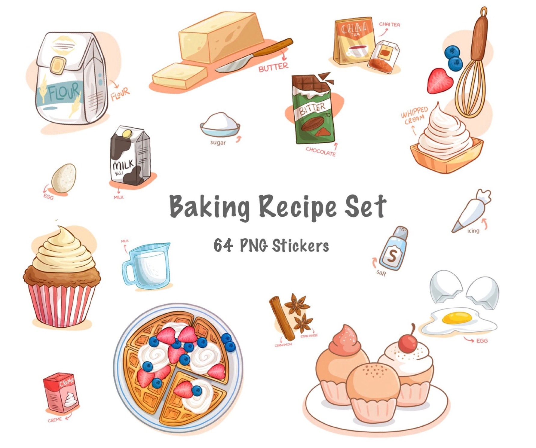 Baking Ingredients Recipe Stickers Set Digital Planner Stickers - Etsy