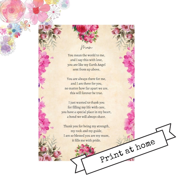 Mothers day poem, mum gift, printable poem, original poetry PDF