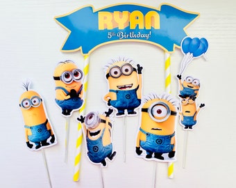 Thick glossy cardstock Gru Minion theme custom name cake topper Bob