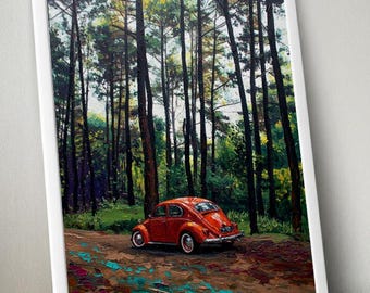 May include: A framed art print depicts a red vintage car parked on a dirt road in a forest. The painting features tall, slender trees with green and yellow foliage, and a brown and teal foreground.