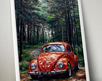 May include: Framed artwork featuring a vibrant orange vintage car driving on a dirt road through a lush green forest. The car has a license plate that reads "AB 1463 AQ". The artwork is displayed in a white frame.