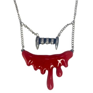 NEW Gothic Vampire Silver Fangs and Red Blood Drip Statement Necklace 18in
