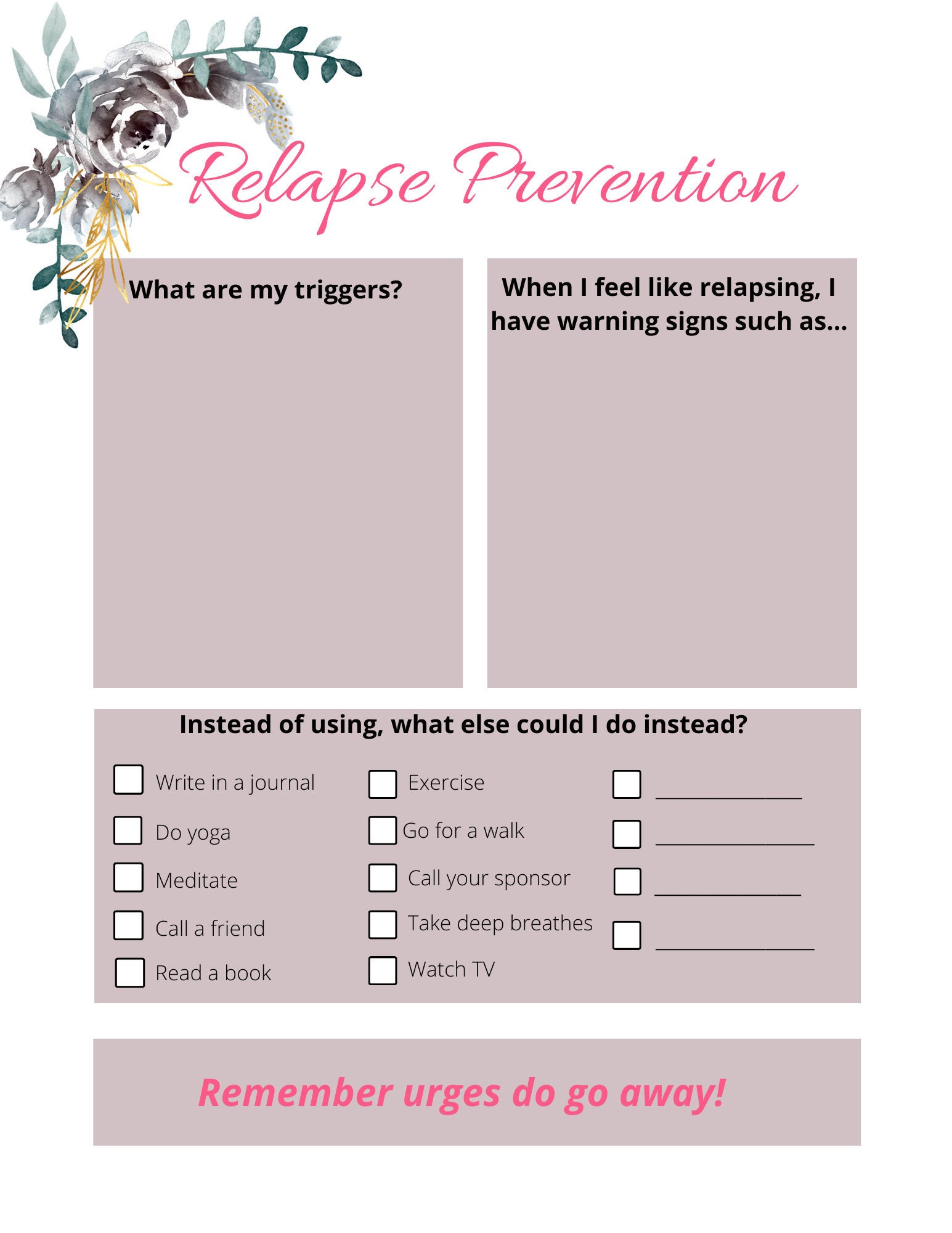 Relapse Prevention Plan Printable - Etsy