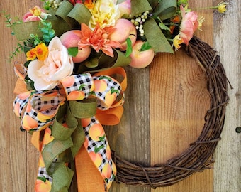 Spring Wreath,Peach Wreath,Buffalo check, Front Door Wreath,Modern Farmhouse WreathBest Front Door Spring Wreath, Georgia Peach Wreath