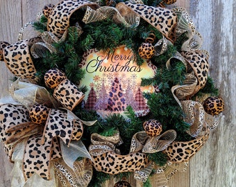 Winter Door Wreath, Winter Leopard Print Wreath, Christmas Leopard ...
