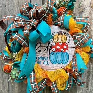 Teal Pumpkin Wreath, teal fall, pumpkin wreath, front door, wreath, fall wreath, front door, wreath,fall porch,Wreath,country cottage wreath