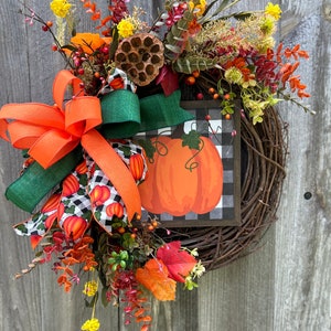 Pumpkins, buffalo check, fall, farmhouse, wreath,