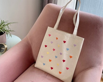 Colorful Embroidered Aesthetic Tote Bag, Rainbow Cute Heart Bag For Girlfriend, Bridal Party Bridesmaid Gift