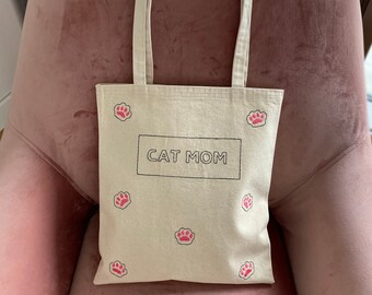 Cat Mom Embroidered Tote Bag, Eco-friendly Gift for Animal Lovers, Handmade Pink Paws Bag, Canvas Bag for Pet Owner