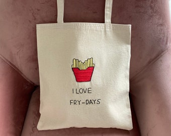 Handmade Cute Embroidered Tote Bag with French Fries, Aesthetic and Trendy Canvas Bag, Funny Birthday Gift for Bestfriend