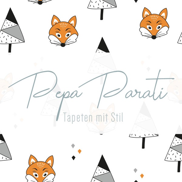 Hochwertige Vlies-Tapete mit orangen Füchsen und grauen Bäumen auf weißen Grund - Kinderzimmer - Baby - PP-60A - by Pepa Parati