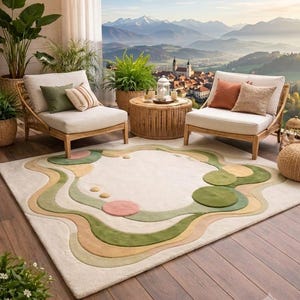 May include: A rectangular area rug featuring an off-white base with raised, tufted organic shapes and wavy lines in shades of sage green, olive green, muted yellow, and soft pink, creating a textured, layered design on a wooden floor surface.