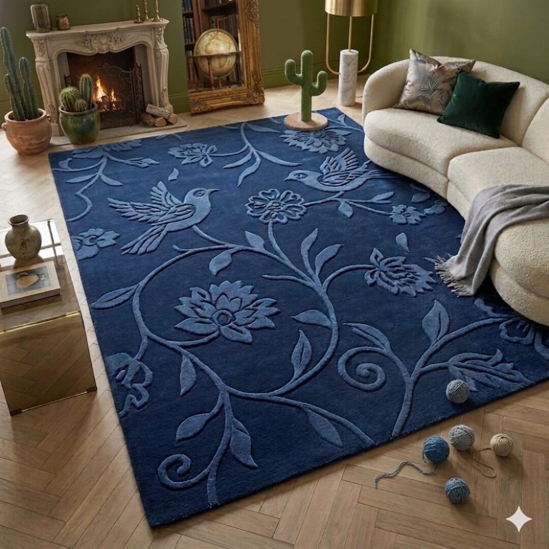 Hand Tufted Floral Area Rug, Deep Navy Blue Botanical Carpet, Embossed ...