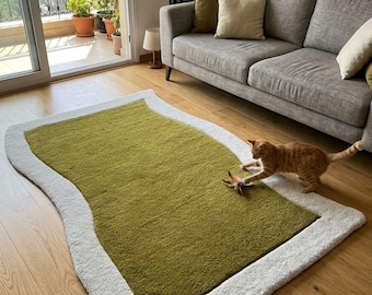 Handtuftad ullmatta: Olivgrön geometrisk kant med modern ramdesign