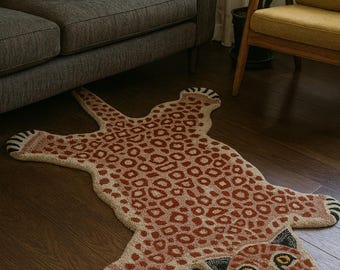Hand-Tufted Pink Leopard Wool Rug, Animal Shape Carpet for living room 4x6