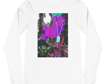 Unisex Sloth Dog Tags Long Sleeve Shirt - Winter Streetwear Shirt - Platinum Purp Collection T-Shirt - Military Green - White Tee