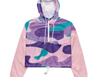 Purple Camo Cropped Windbreaker: Water-Resistant Spring Running Jacket
