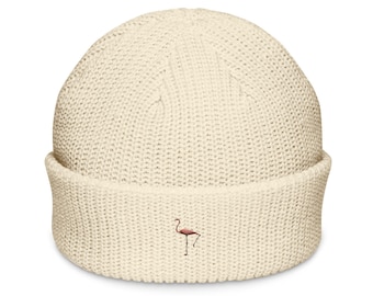 Cream Fisherman Beanie – Ribbed Knit with Flamingo