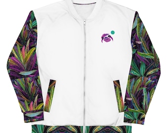 Floral Sloth Bomber Jacket: Tropical Print Fleece Windbreaker