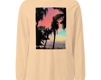 Palmera Tees Long Sleeve T-Shirt – Sunset Beach Graphic, Soft Cotton