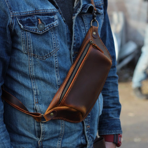 Personalized Leather Fanny Pack For Men, Leather Hip Bag, Leather Belt Bag, Leather Crossbody Bag For Men, Brown Fanny Pack, Bum Bag