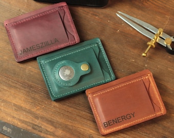 Cartera de cuero con ranura para Air Tag: Tarjetero pequeño personalizado, cartera minimalista para Air Tag.