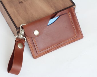 Personalized Leather Keychain Wallet: Credit Card Holder, Small Leather Pouch with ID Slot