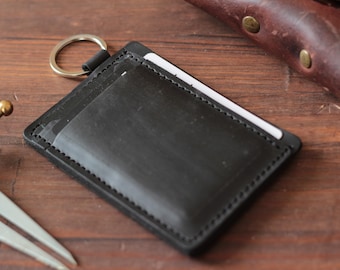 Black Leather Keychain Wallet: Personalized Slim Credit Card Holder