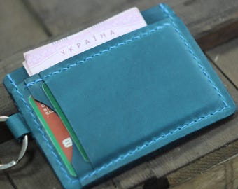 Slim Leather Card Holder: Mini Keychain Wallet Customize Business Card Case with Key Ring