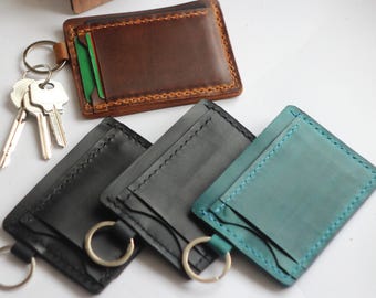 Personalized Leather Keychain Wallet: Leather Slim ID Card Holder Keyring