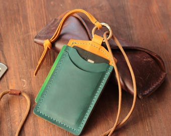 Leather Lanyard Wallet: Vertical ID Badge Card Holder with Key Ring Minimalist Wallet