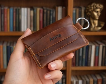 Engraved Leather Keychain Wallet: Slim Card Holder with Key Ring, Personalized Coin Pouch
