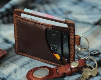 Carteira de couro personalizada com chaveiro: Porta-cartões minimalista para identificação com argola.