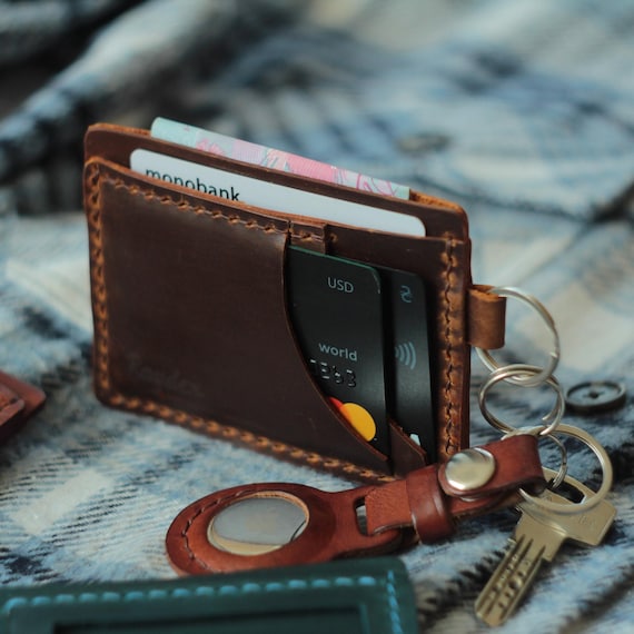 Personalized Leather Keychain Wallet: ID Minimalist Card Holder with Keyring