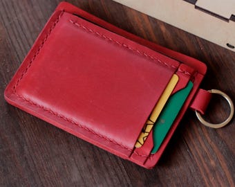 Personalized Leather ID Wallet Keychain: Red Mini Card Holder with Keyring