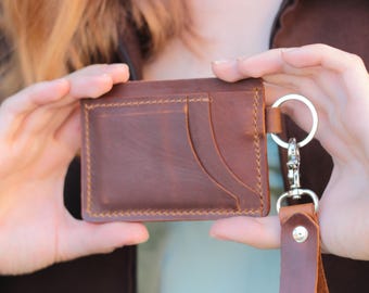 Leather Wallet with Long Strap : Slim Keychain Wristlet Card Holder with ID Window