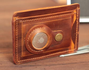 Mini cartera de piel AirTag: Tarjetero delgado marrón unisex