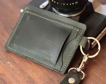 Leather Business Card Holder: Dark Green Keychain Wallet Slim Lanyard Card Case