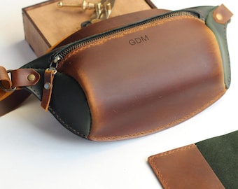 Personalized Leather Fanny Pack: Two-Toned Crossbody Purse, Leather Hip Bag for Men