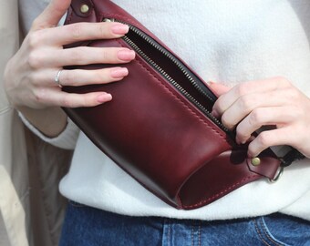 Dark Red Leather Crossbody Bag: Unisex Slim Fanny Pack Medium Size Waist Bag