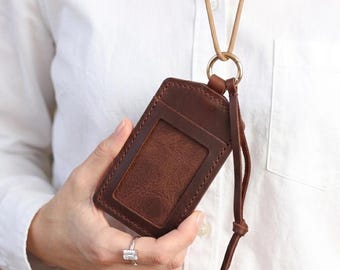 Echtleder-Ausweishalter: Schlanke Lanyard-Brieftasche, Schlüsselbund-ID-Kartenhalter