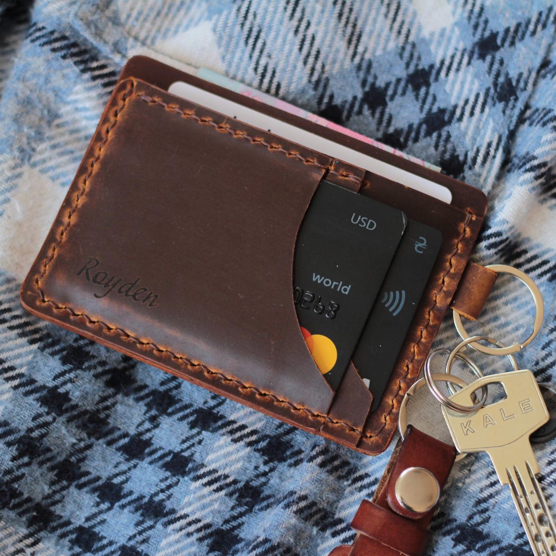 Personalized Leather Keychain Card Holder: Minimalist Wallet Keyring - Etsy
