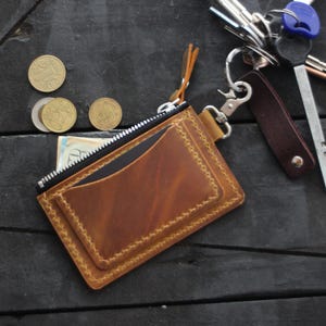 Leather Keychain Wallet: Personalized Coin Purse Zipper Card Holder Keyring Wallet